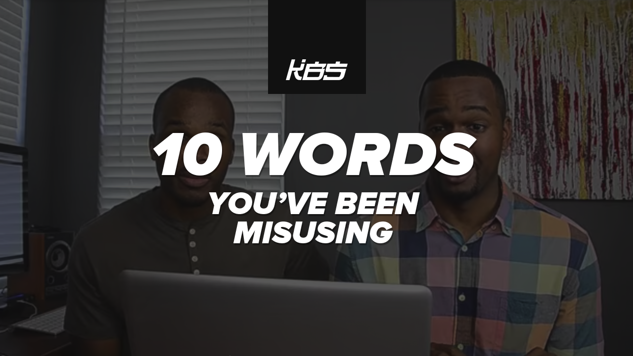 Two men discussing language mistakes during a video on common word misuse.