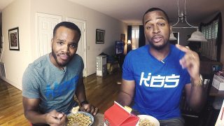 Cereal bowls with two men enjoying breakfast, promoting healthy eating habits.