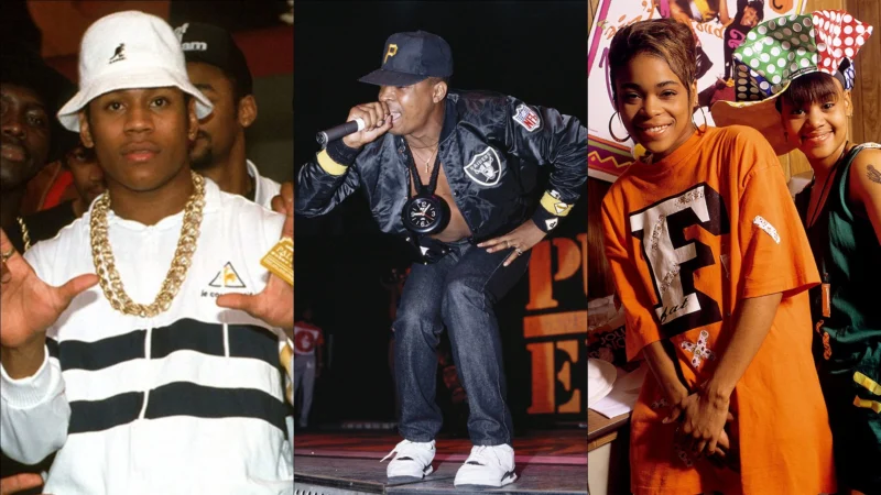 Hip-hop artists showcasing streetwear clothing and accessories.