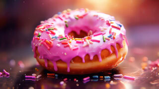 Pink glazed donut with colorful sprinkles, perfect for a tasty treat.