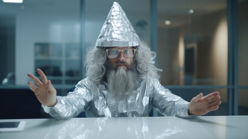 Man in aluminum foil costume with glasses at desk, space-themed background.