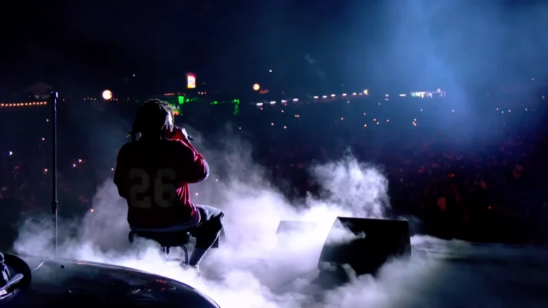 Artist on stage during The Dissonance Drops, J Cole's apology set, with fog and vibrant lights.
