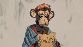 Digital illustration of a monkey holding a "Homeless" sign, symbolizing NFT market decline.