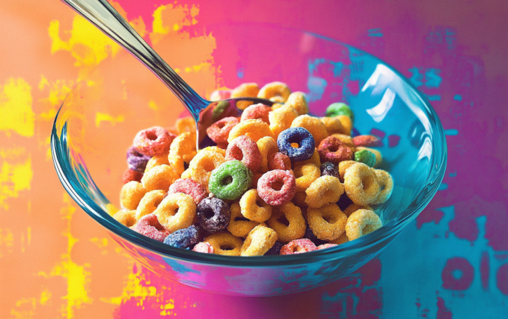 Colorful cereal flakes in a glass bowl with a spoon, vibrant background.