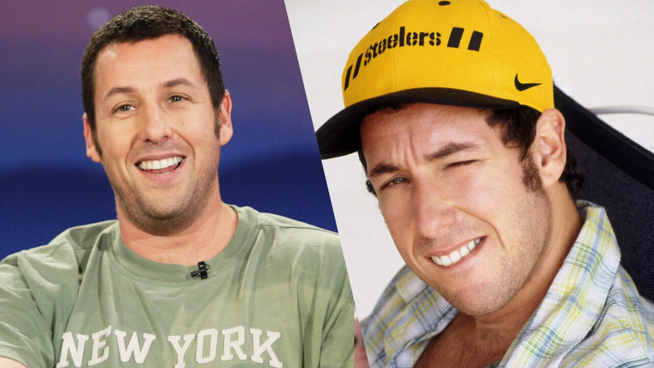 Collage of Adam Sandler in a NY Jets t-shirt and Steelers cap