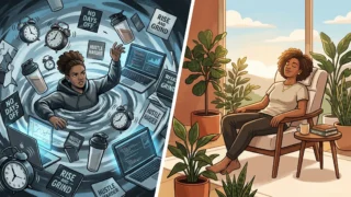 Illustration contrasting hustle culture burnout with the peaceful Soft Life movement aesthetic