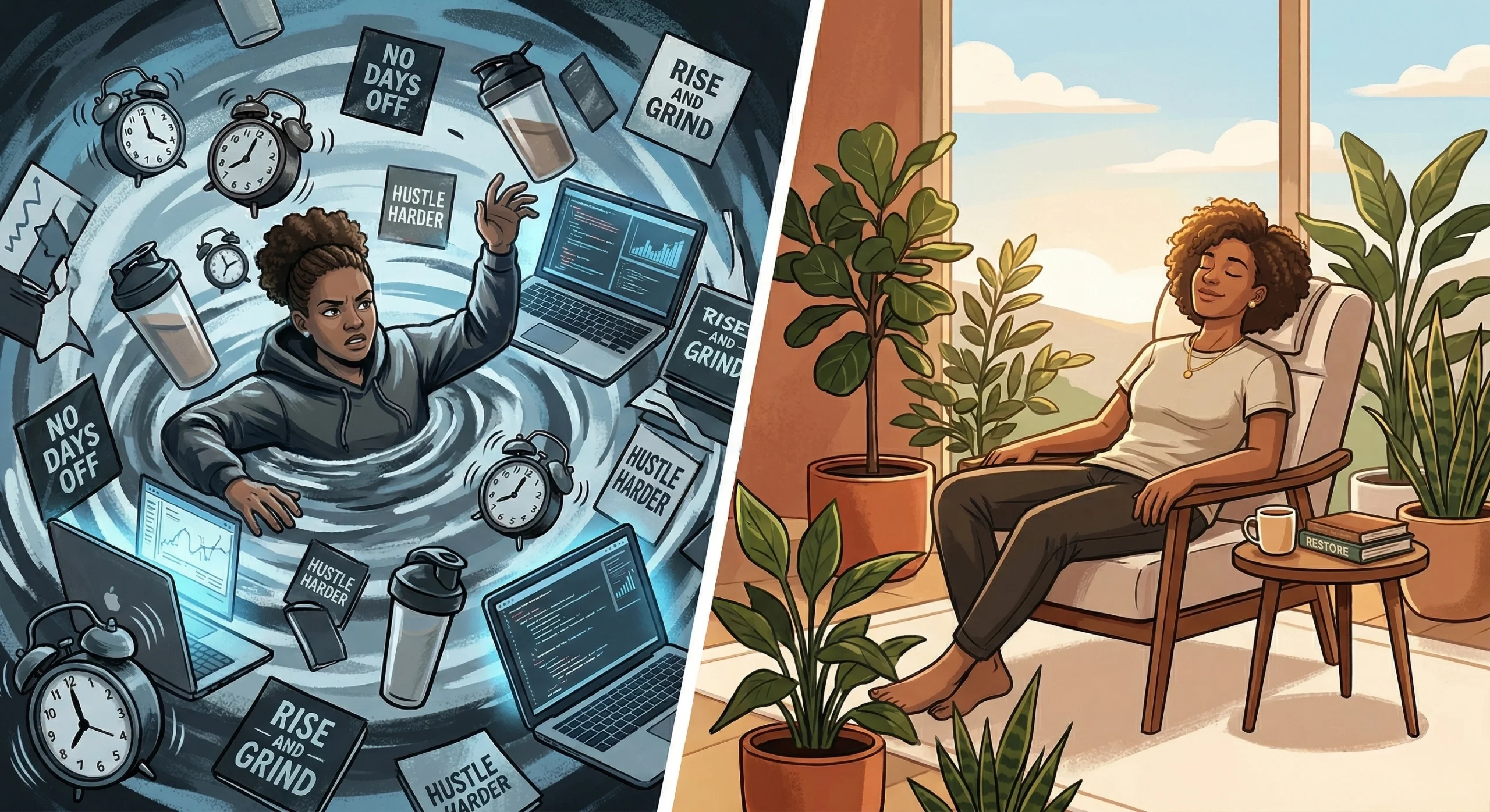 Illustration contrasting hustle culture burnout with the peaceful Soft Life movement aesthetic