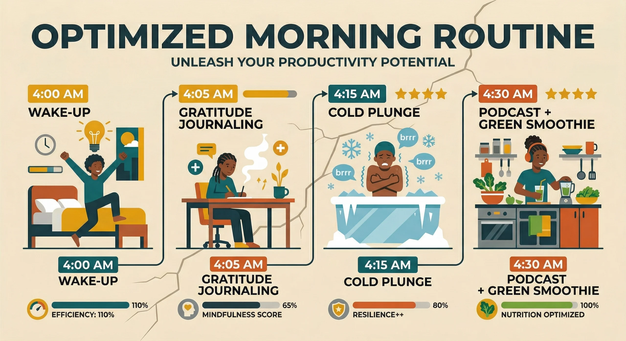 Satirical infographic of an extreme optimized morning routine representing hustle culture excess