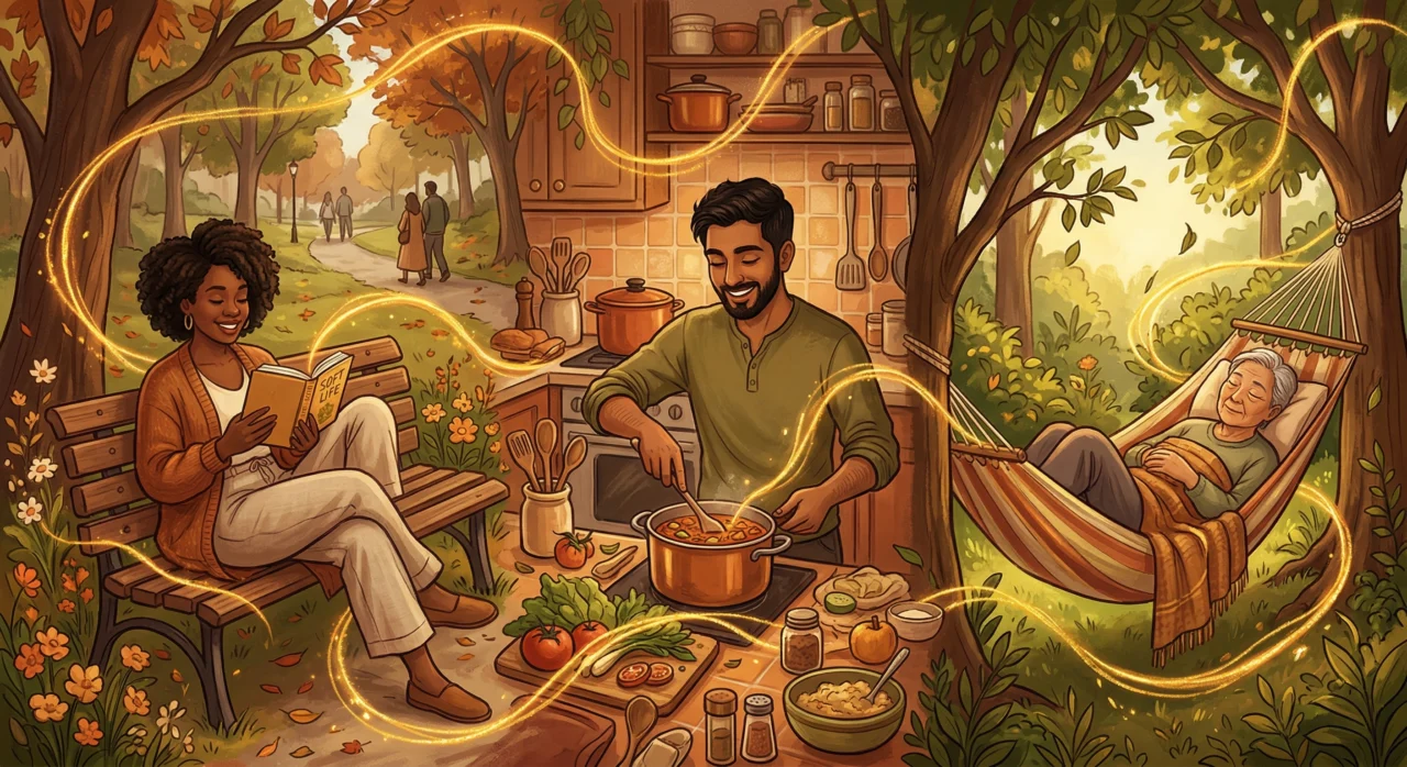 Diverse illustration showing different expressions of the soft life movement across economic backgrounds