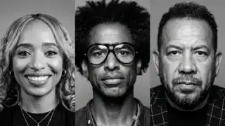A woman smiling with two men, all in black and white, representing diverse voices in hip-hop journal.