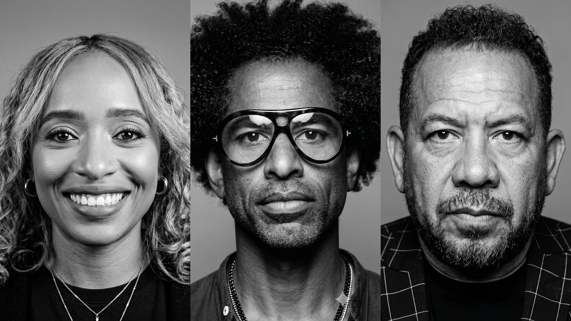 A woman smiling with two men, all in black and white, representing diverse voices in hip-hop journal.