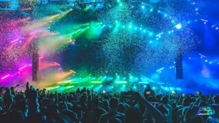 Concert crowd with colorful lights