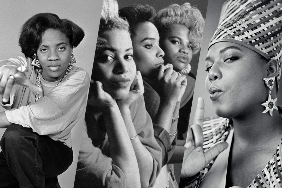 Four iconic women hip-hop artists showcasing strength and style in black-and-white.