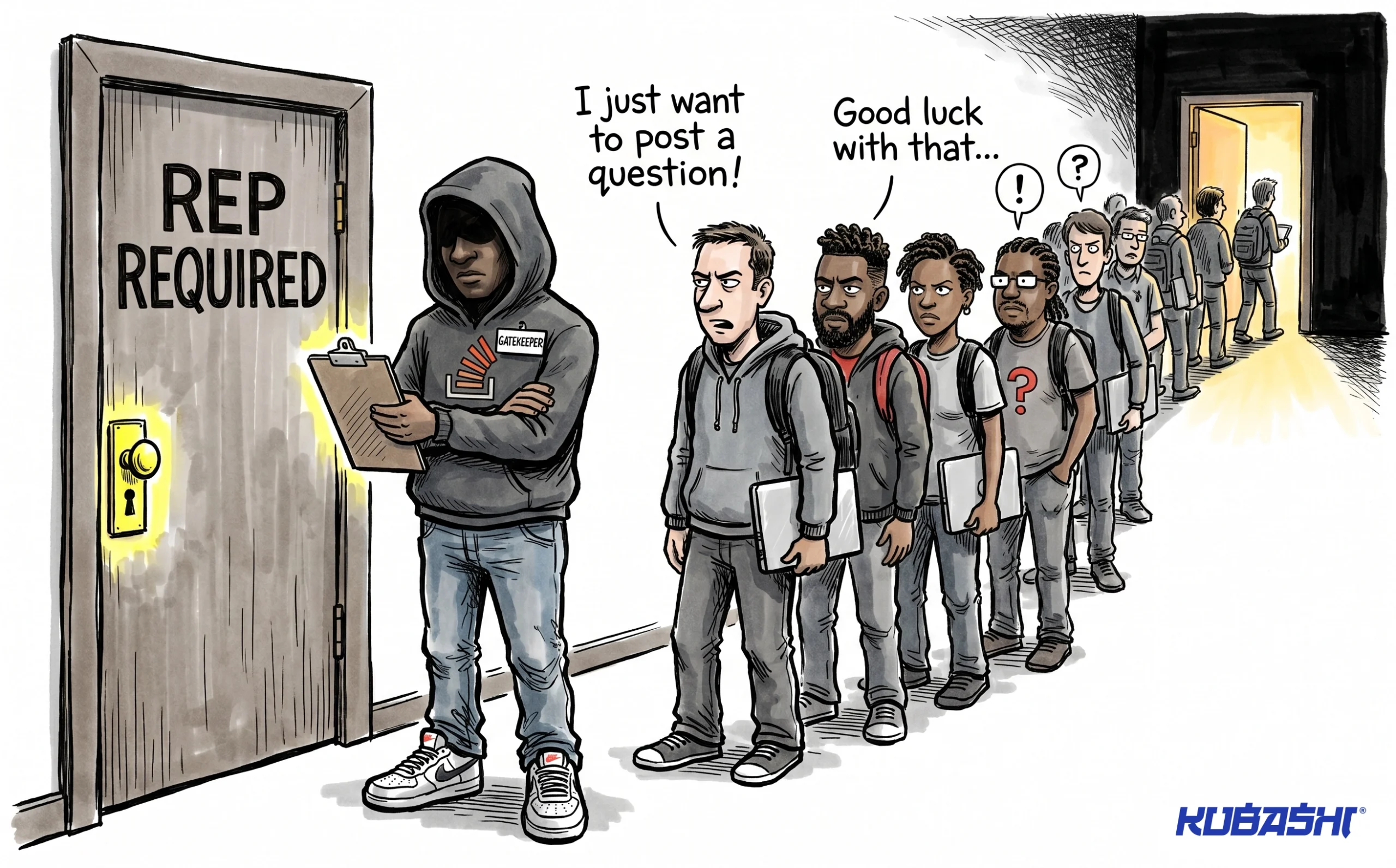 Line of diverse students waiting outside a door labeled "REQUIRED" for an exam.