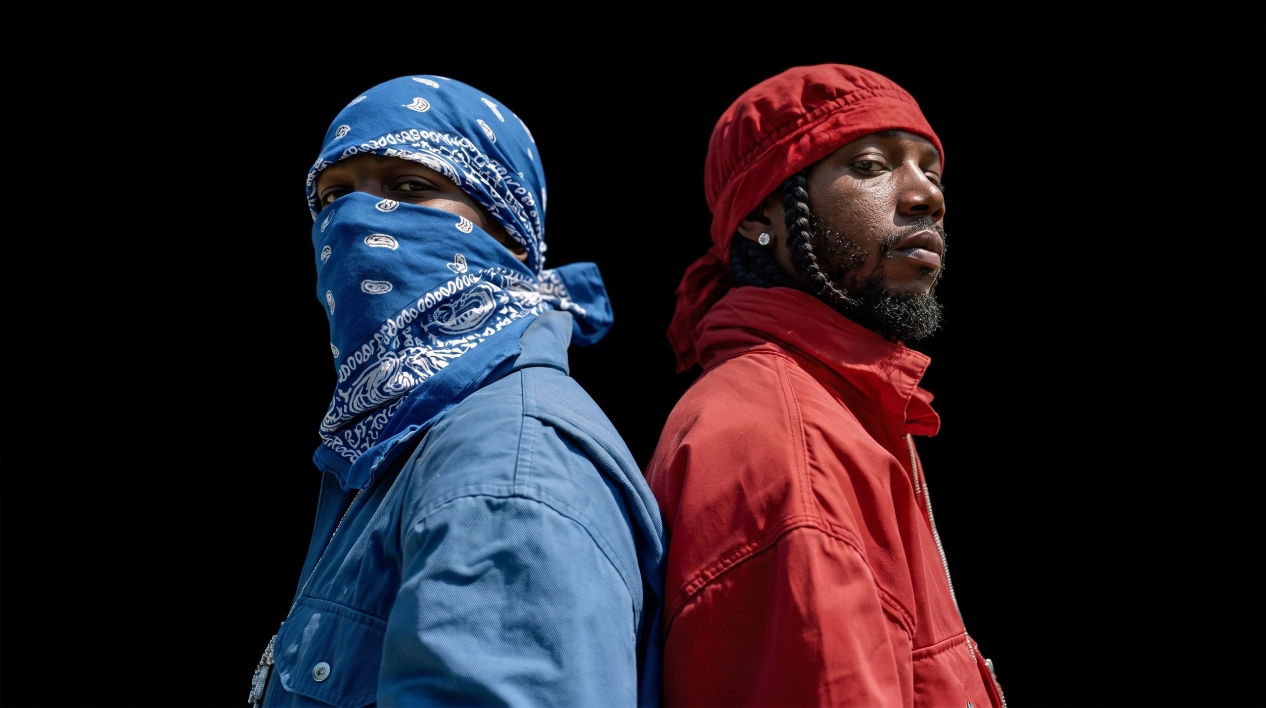 Blue bandana and red jacket worn by two men against a black background.