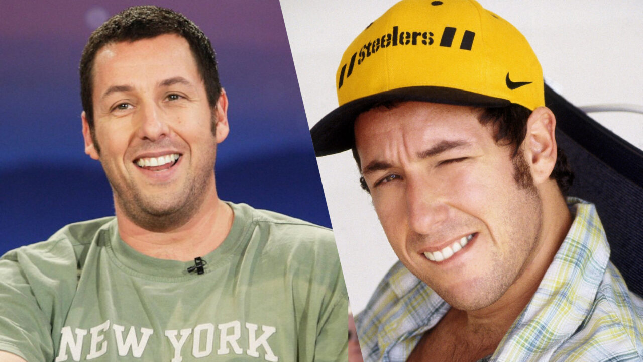 Collage of Adam Sandler in a NY Jets t-shirt and Steelers cap