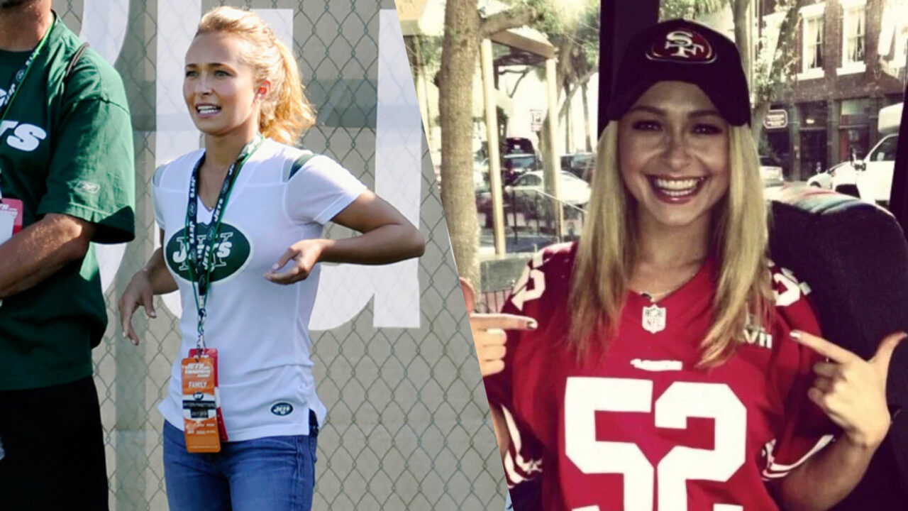 Collage of Hayden Panettiere wearing a NY Jets jersey and a San Francisco 49ers jersey