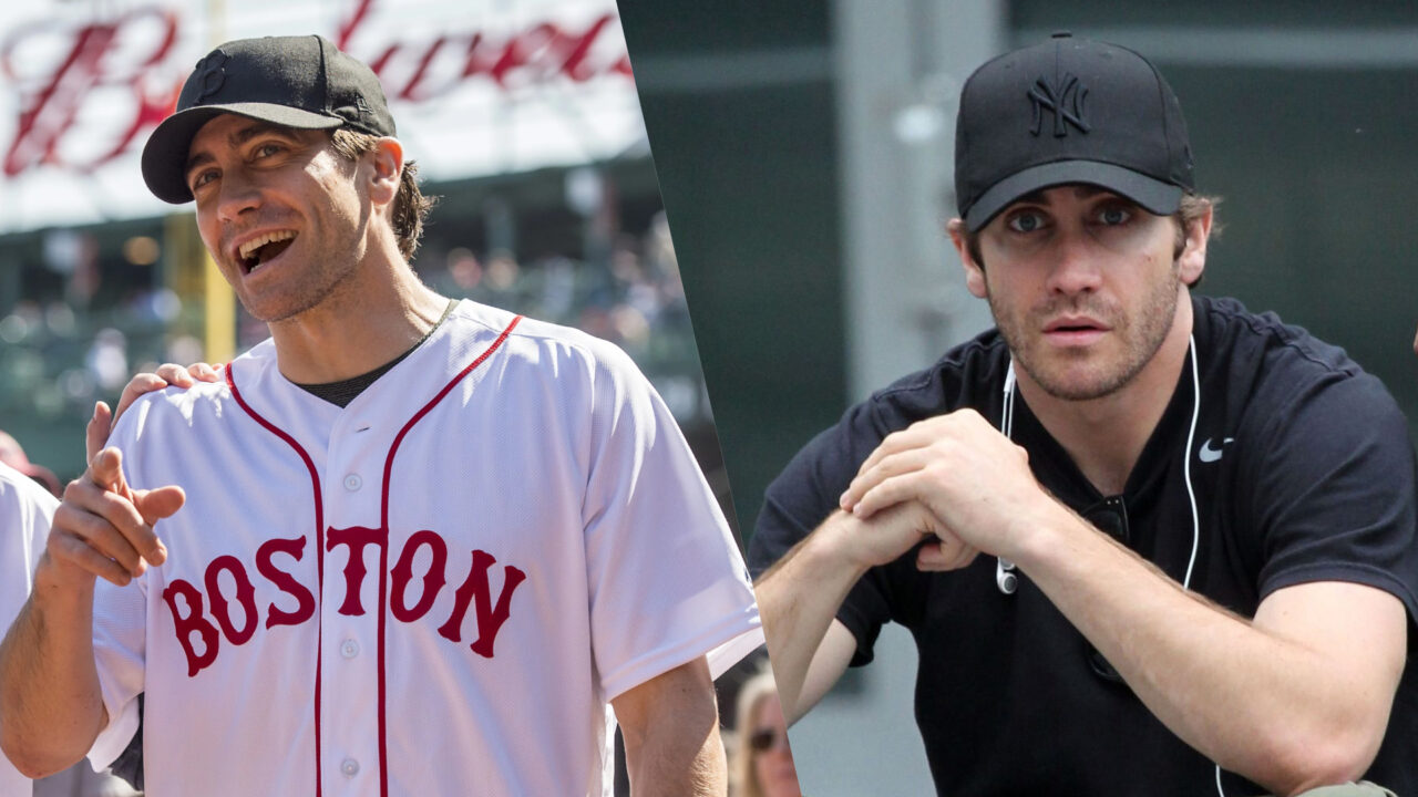 Collage of Jake Gyllenhaal in Boston Red Sox gear and in a NY Yankees hat