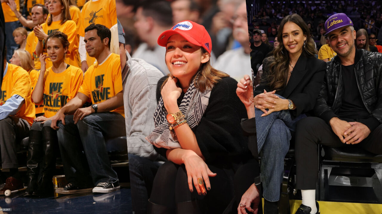 Collage of Jessica Alba at Golden State Warriors game, a Clippers game, and a Lakers game.