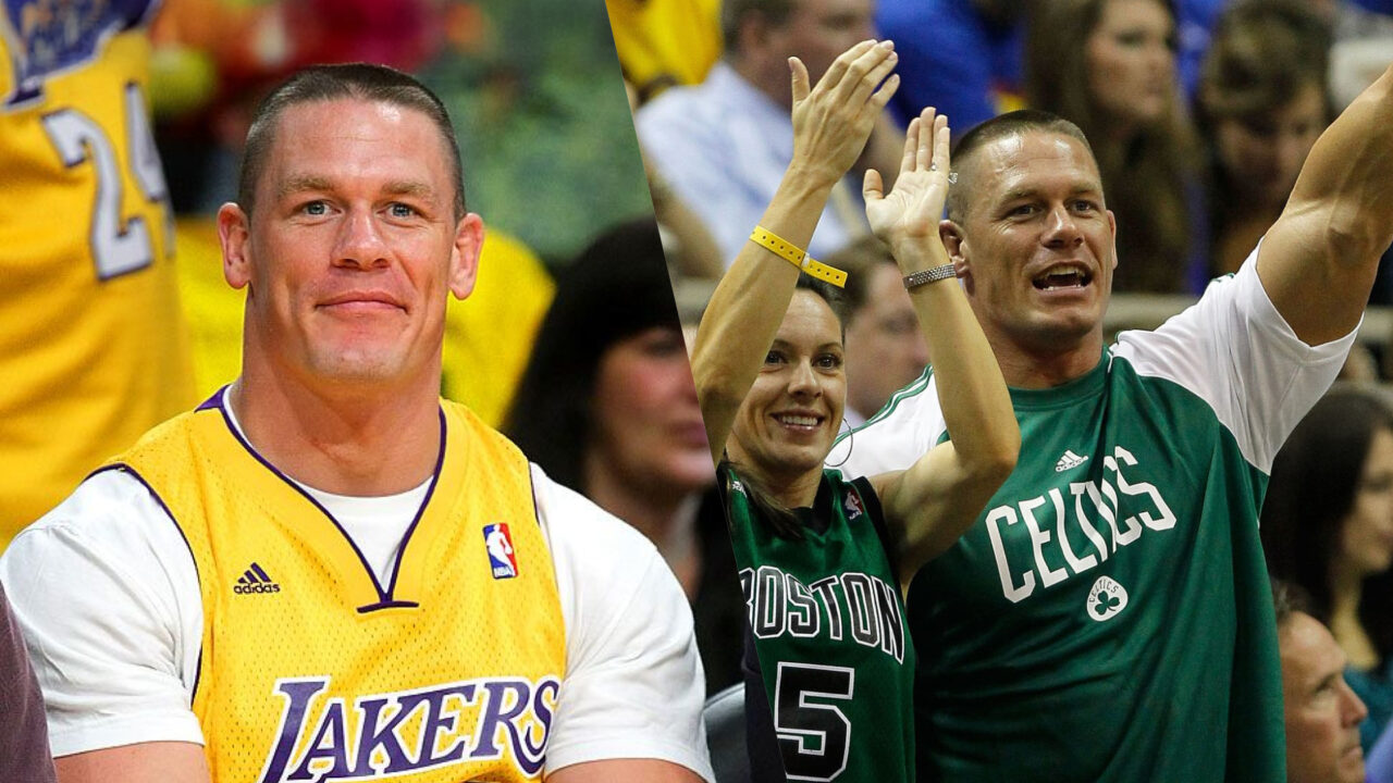 Collage of John Cena in Lakers jersey and in a Boston Celtics jersey