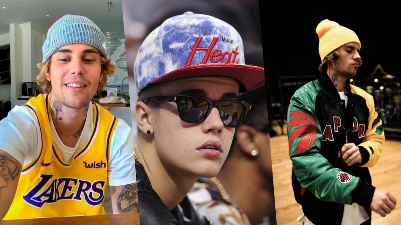 Collage of Justine Bieber wearing LA Lakers jersey, Miami Heat Hat, and Raptors bomber jacket.