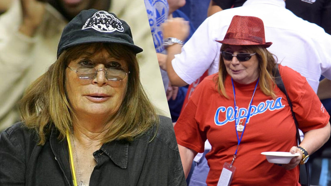 Collage of Penny Marshall in a Lakers hat and wearing a Clippers T-shirt