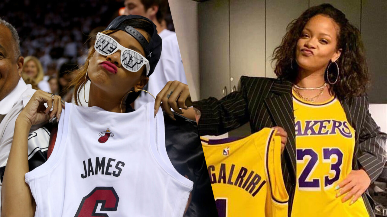 Collage of Rihanna wearing Miami Heat jersey and Lakers jersey while holding up custom Lakers jersey with her social handle 'badgalriri' on the back