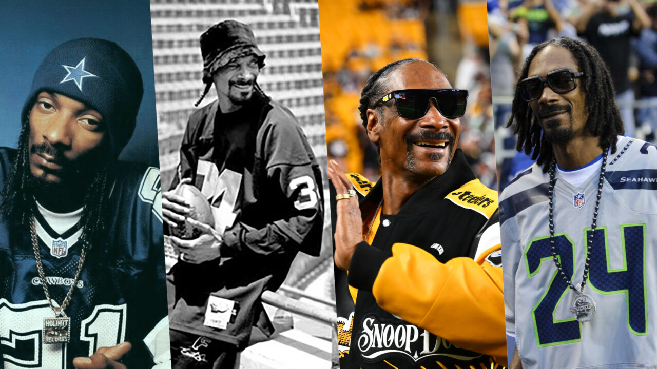 Collage of Snoop Dogg wearing a Cowboys gear, Raiders jersey, Steelers gear, and Seattle Seahawks gear